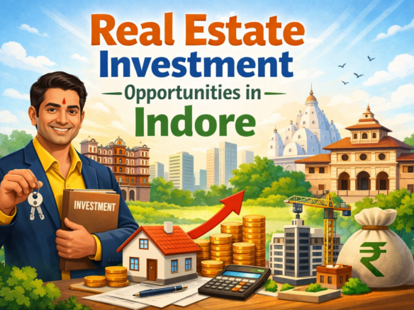 Real estate investment opportunities in Indore with city skyline, residential property, commercial buildings and growth graph illustration