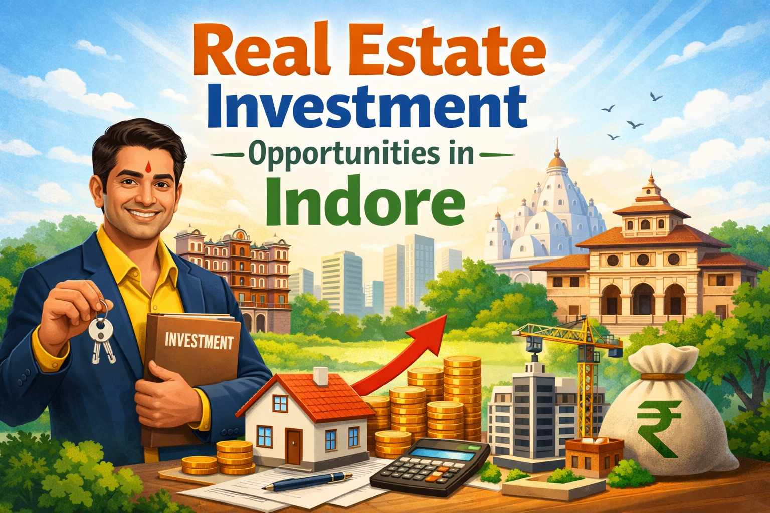Real estate investment opportunities in Indore with city skyline, residential property, commercial buildings and growth graph illustration